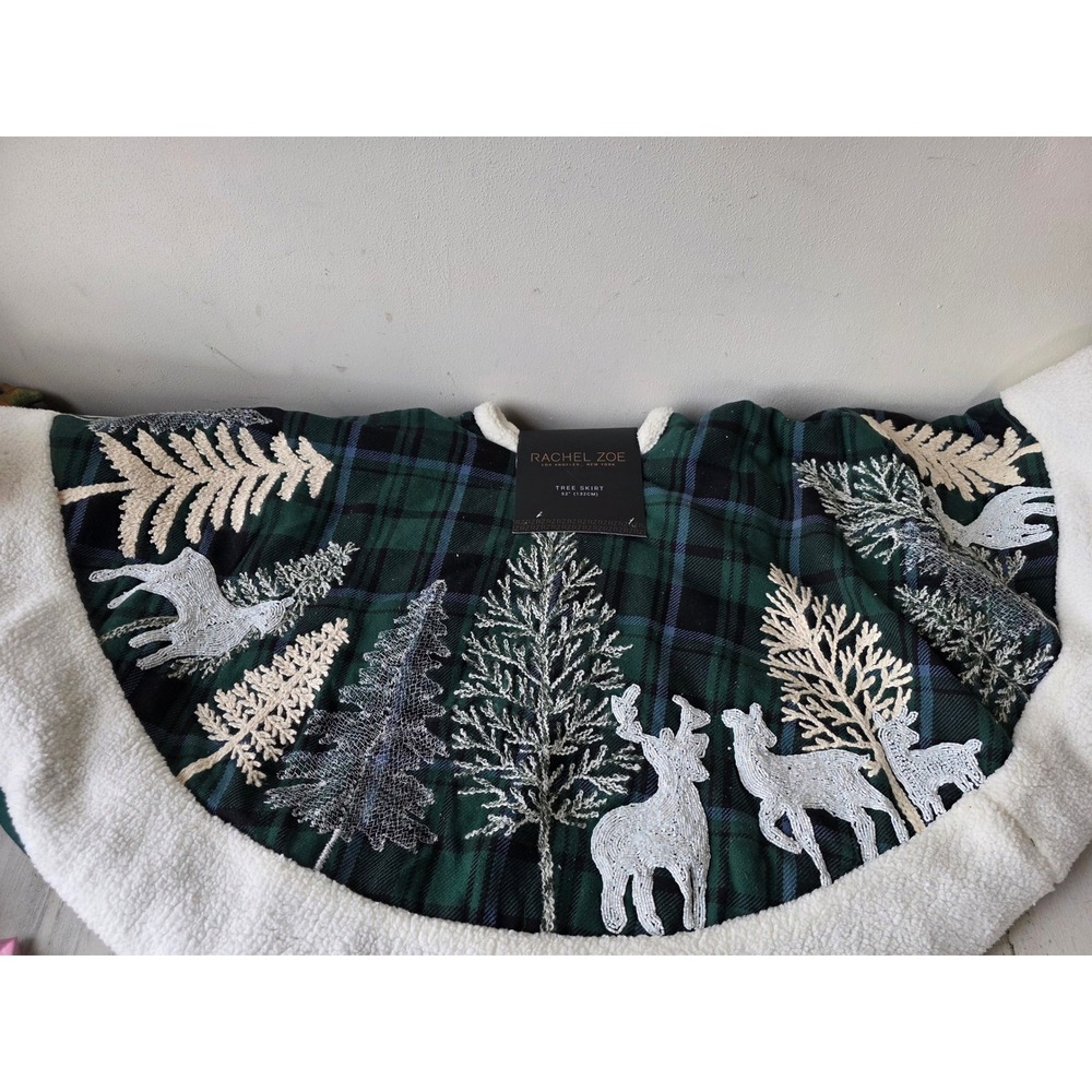 Rachel Zoe plaid deer tree skirt cabin rustic forest green beaded 52inch new